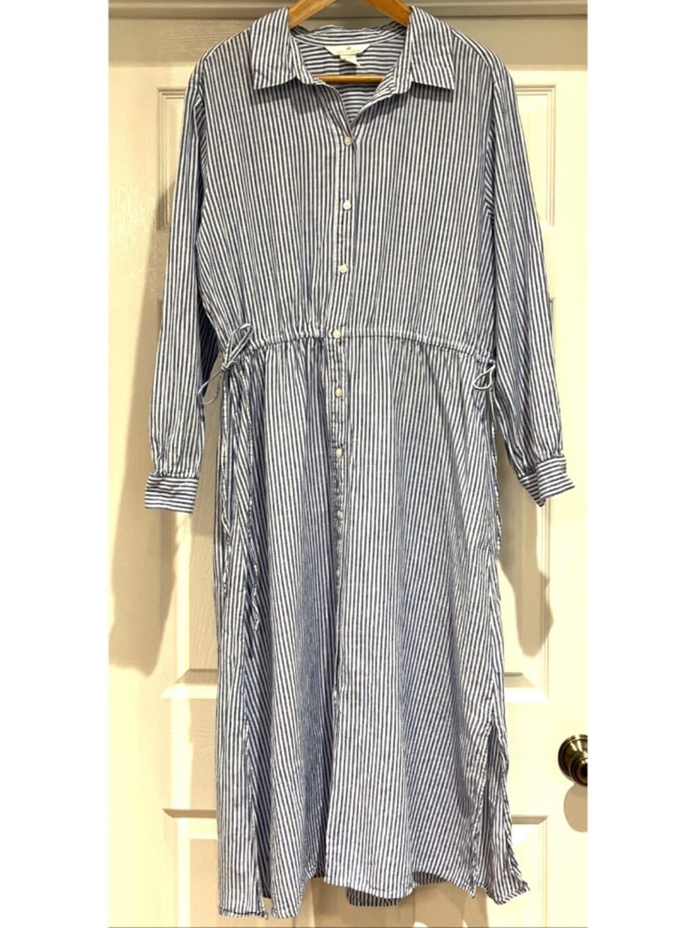 H&M Button Front Shirt Dress Women's Med Blue White Stripes Resortwear Coastal